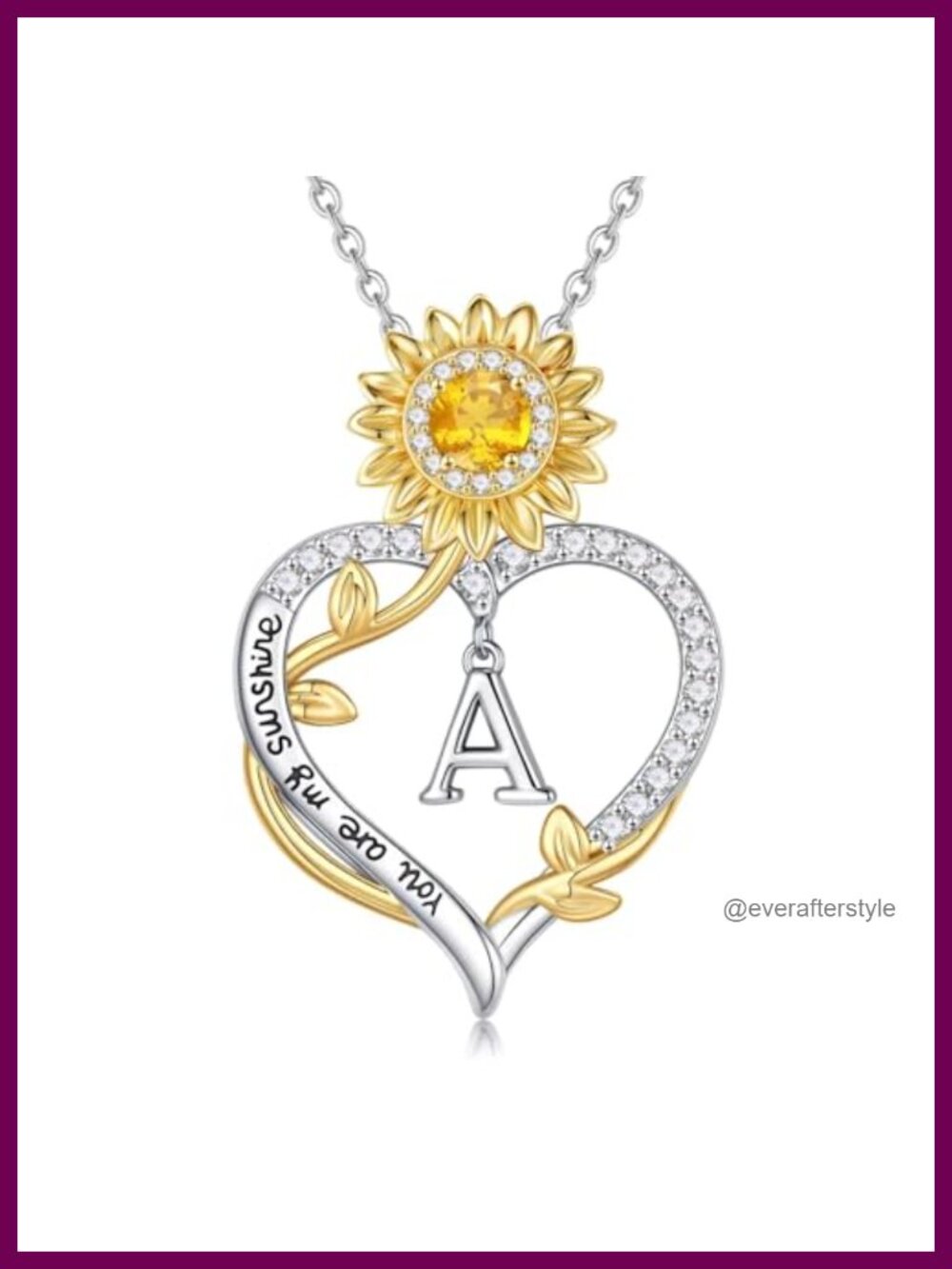 Sunflower Initial Necklace 14k White Gold Plated CZ Pendant Gift Set